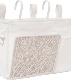 Hanging Bedside Caddy Organizer, Macrame Bedside Pocket, Bunk Bed Organizer for Dorm Room , Baby Bed Rails, Magazine Storage, Toy Storage (White)
