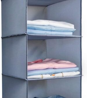 Hanging Closet Organizer and Storage 3-Shelf, Easy Mount Foldable Hanging Closet Wardrobe Storage Shelves, Clothes Handbag Shoes Accessories Storage, Washable Oxford Cloth Fabric, Gray