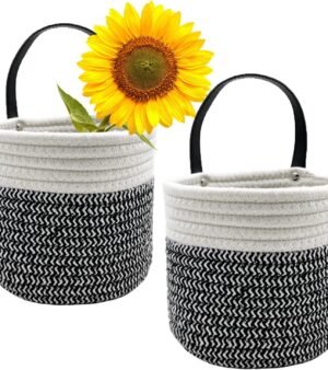 2-Pack Round Small Cotton Rope Hanging Baskets with Handles, Woven Storage Baskets Suitable for Kitchen, Bedroom, Living Room, Office (15.24 cm x 15.24 cm, Black and White)