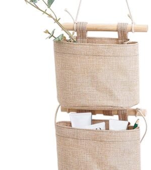 1 Pack Mini Cotton Linen Fabric Closet Detachable Foldable Washable Hanging Storage Bag with 3 Pockets Over the Wall Door Organizer for Room Bathroom by  (Khaki)