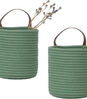 2-Pack Small Hanging Baskets - Cotton Rope Wall Baskets with Handles, Hanging Storage Baskets, Shelf Baskets, Locker Wardrobe Organizers - 16 cm x 17.78 cm, Woven Plant Baskets (Green)