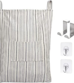 Farmhouse Hanging Laundry Hamper with 2 Hooks, Washable Beige & Stripes Laundry Bag with Zipper & Wide Open Top, Over the Door Organizer for Dirty Clothes, Space Saving Storage