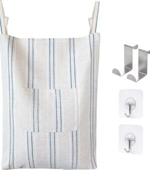 Farmhouse Hanging Laundry Hamper with 2 Hooks,  Beige & Blue Stripes Laundry Bag with Zipper & Wide Open Top, Over the Door Organizer for Dirty Clothes, Washable Space Saving Storage