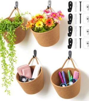4 Pack Fabric Wall Hanging Baskets, Woven Pouchs with Adhesive Hooks  Style Wall Mounted Bag, Storage Decoration Pocket Caddy for Living Room, Bedroom, Kitchen (Linen, 6.5 x 6.5 x 6.7 inches)