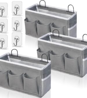 2pcs 3-pockets Large Wall Hanging Organizer Bag, Linen Fabric Door Hanging Storage Baskets with Pockets, Waterproof Bin for Kitchen, Bedroom, Office, RV Camper (Gray-3pcs)