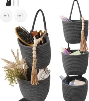 Fabric Wall-Mounted Storage Bags - Small Woven Basket Bag Set, n Style, Wall-Mounted Bag with Adhesive Hooks, Storage Decorative Pocket Rack Suitable for Closets, Playrooms, RVs, and Nurseries (Grey and Black)