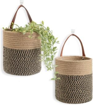 2-Pack Jute Rope Hanging Baskets - 20 cm x 17.78 cm Small Woven Fern Wall Hanging Baskets, Flower Plants, Woven Storage, Black and Jute